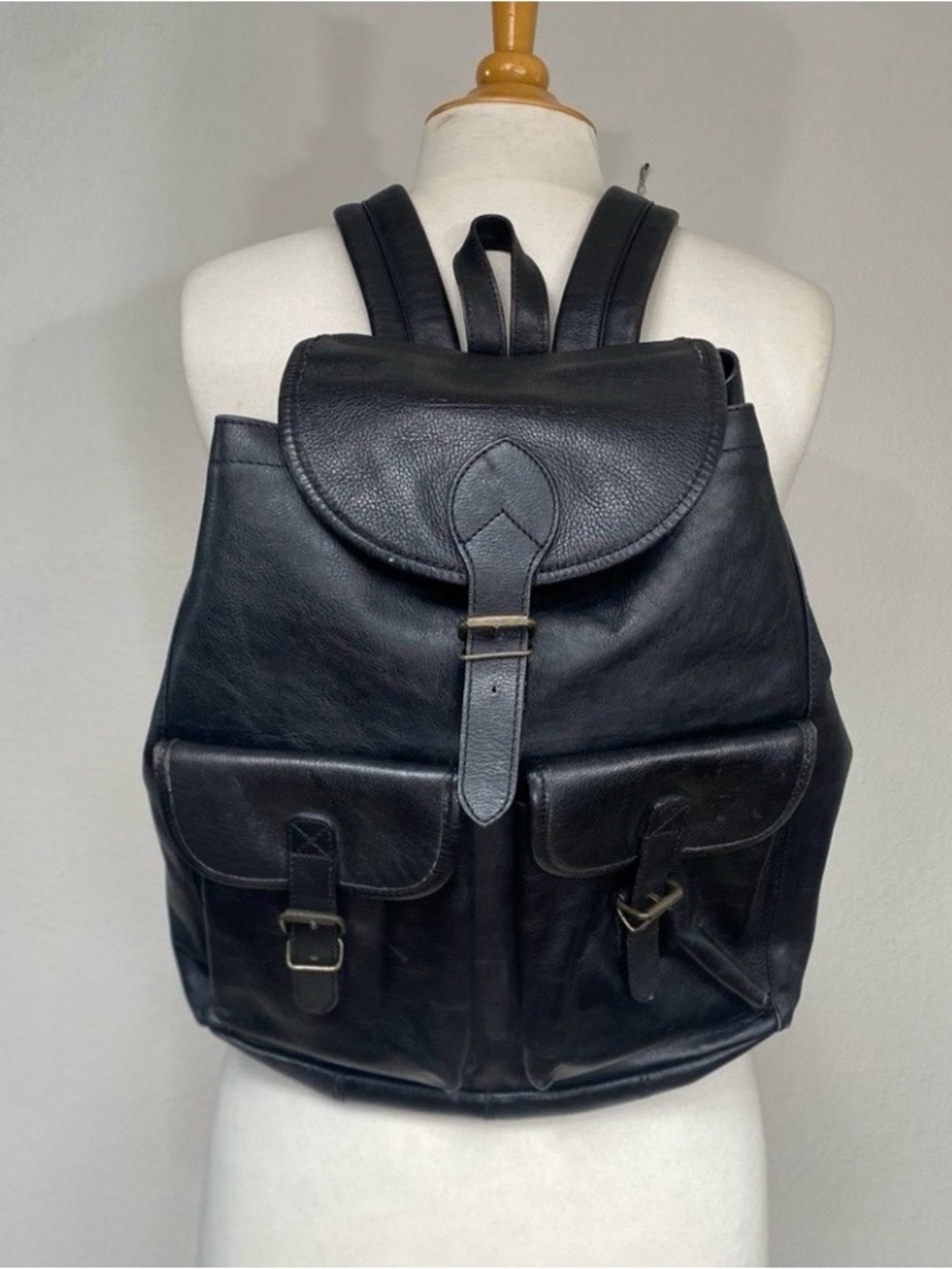 Vintage Women's Y2K Black Leather Multi Pocket Buckle Backpack Purse Streetwear
